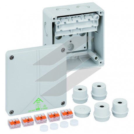 Розподільча коробка Abox SL-2,5² (110x110x67), пружин. клема 5х2,5мм² (3х0,08-2,5мм² для кожного пол.), полістирол, метрич. введеня-9 місць (7-М20/М32, 2-М16 на днищі), IP65, Spelsberg
